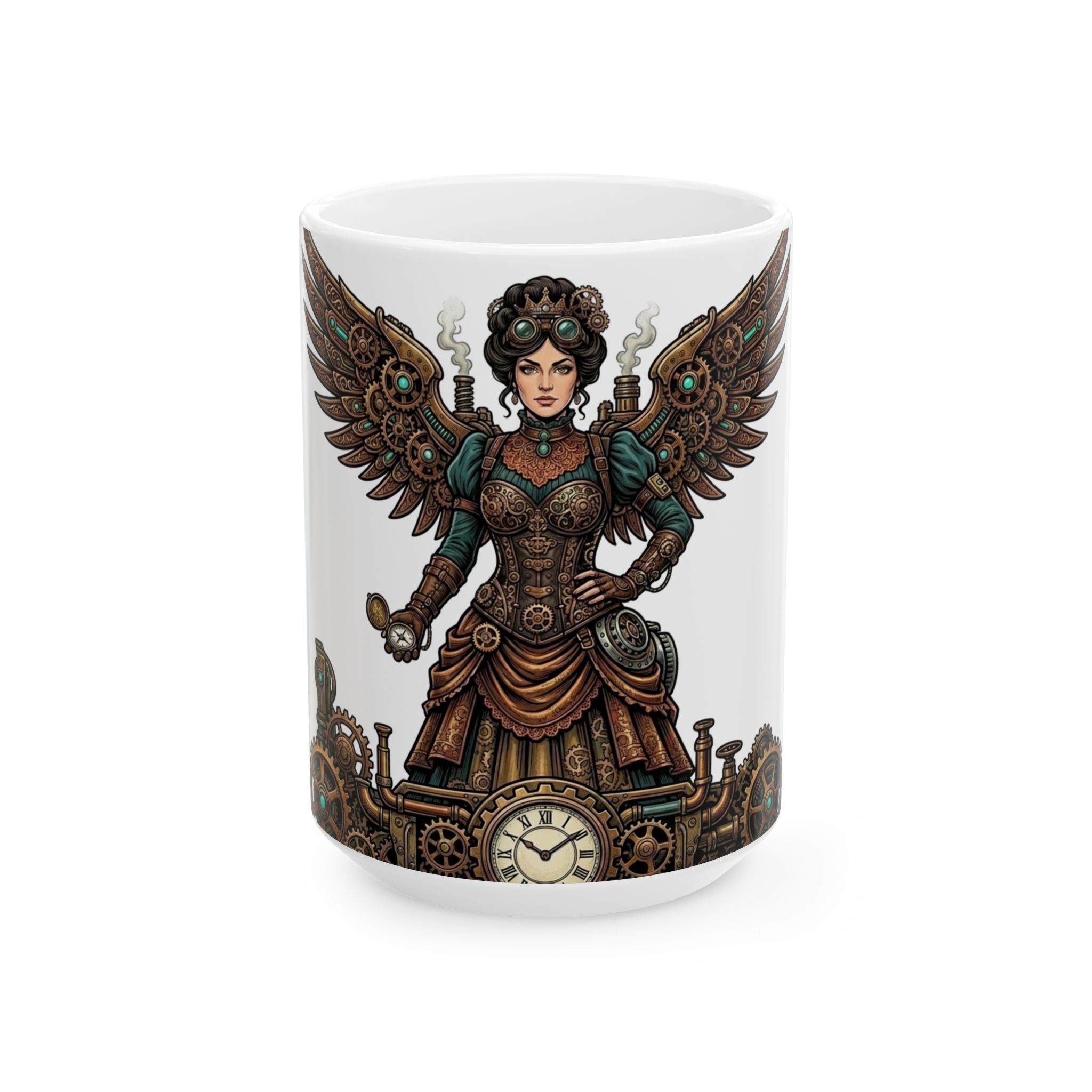 Steampunk Mother - Clockwork Wings Ceramic Mug - Gear Cog Design